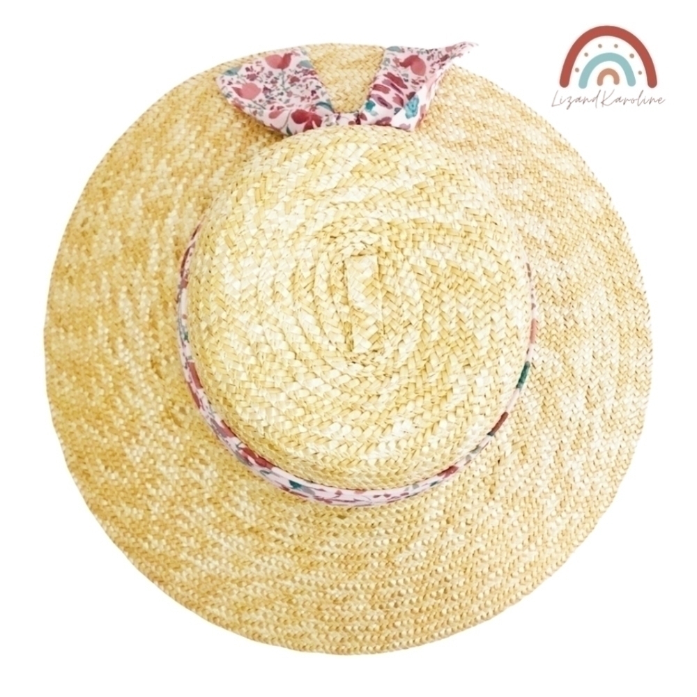 New! Cloche Wheat Straw Pink Floral Ribbon Bow Large Beach Cottagecore Straw Hat - Picture 5 of 9